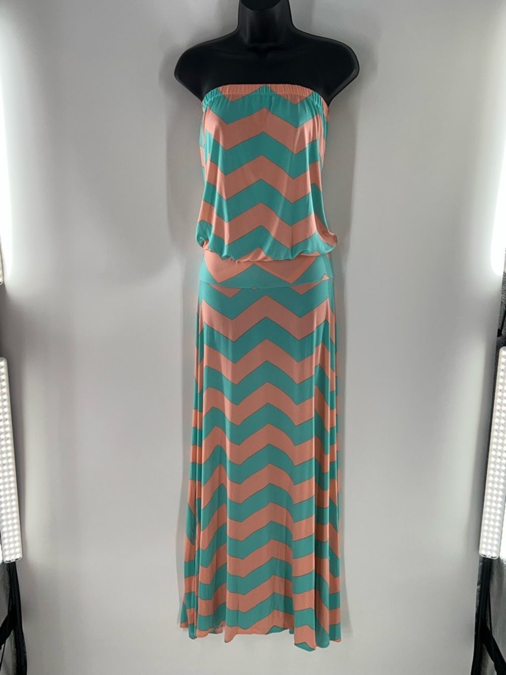 Loila Sleeveless Chevron Summer Maxi Tub Style Dress in Peach and Teal-Size S